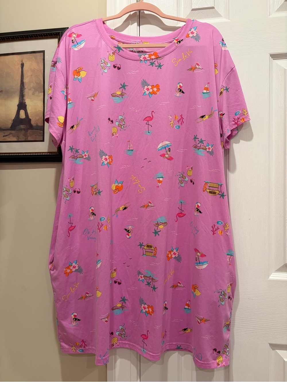 Women’s Joyspun Pink Tropical Vacation Print Pajama Nightshirt 🏖️👙🌺🍋🦩🌊⛵️